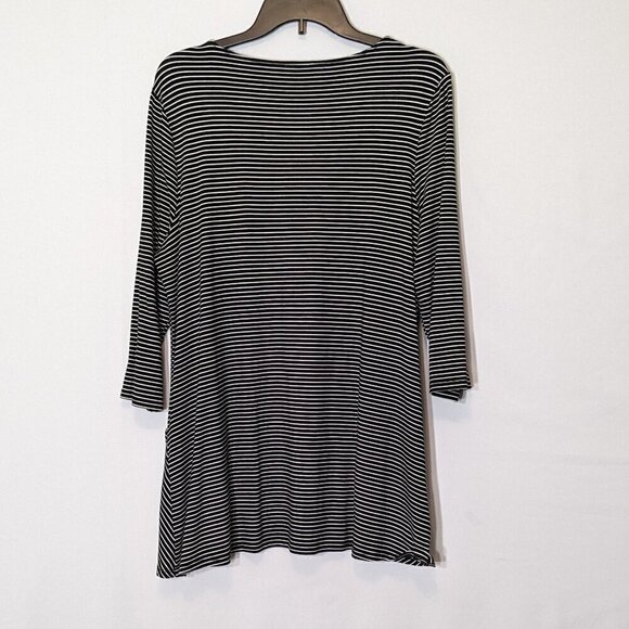 CHICO'S Black w White Stripes Long Flared Knit Tunic Dress w Pockets; Size 12 - Picture 2 of 6